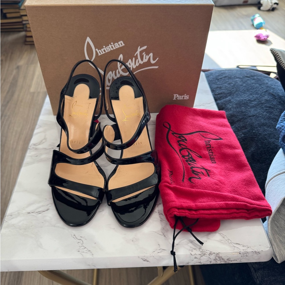 Christian Louboutin Vavazou 100 Black Patent Slingback Heels 39.5 w/ Box Receipt